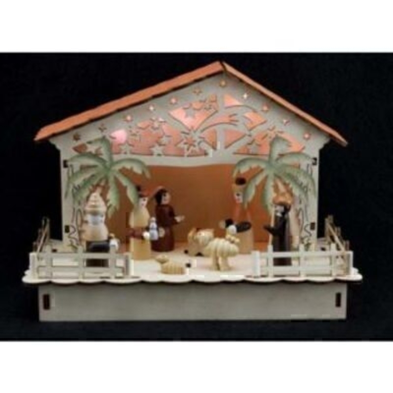 A beautiful wooden LED light-up Christmas Nativity Scene Box by designer Gisela Graham. Featuring wooden figures with a wooden stable box decorated with cut out stars and lit up with LED lights. Takes 3 x AA batteries, which are not included. Gisela Graham are a well known brand, recognised for their beautiful Christmas Decorations.<br><br>
Gisela Grahams collections of Nativity sets range from traditional to the contemporary and the ranging from delicate carved sets to exquisite ceramic nativity sets. Nativity makes a perfect Christmas display for your mantelpiece or on your Christmas table as a centrepiece. <br><br>

If it is Christmas Decorations to be sent anywhere in the UK you are after than look not further than Booker Flowers and Gifts Liverpool UK. Our Christmas Decorations are specially selected from across a range of suppliers. This way we can bring you the very best of what is available in Christmas Decor. <br><br>

Gisela Graham Limited is one of Europes leading giftware design companies. Gisela made her name designing exquisite Christmas and Easter decorations. However she has now turned her creative design skills to designing pretty things for your kitchen - home and garden. She has a massive range of over 4500 products of which Gisela is personally involved in the design and selection of. In their own words Gisela Graham Limited are about marking special occasions and celebrations. Such as Christmas - Easter - Halloween - birthday - Mothers Day - Fathers Day - Valentines Day - Weddings Christenings - Parties - New Babies. All those occasions which make life special are beautifully celebrated by Gisela Graham Limited. <br><br>

Gisela loves Christmas and it is her love of this occasion which made her company Gisela Graham Limited come to fruition. Every year she introduces completely new Christmas Collections with Unique Christmas decorations. Gisela Grahams Christmas ranges appeal to all ages and pockets. <br><br>
Nativity never goes old, this will be a Christmas Ornament you will bring out year after year. Which you will use to tell the younger generations about the story of Christmas. Gisela Graham really captures the spirit of Christmas in her nativity sets. <br><br>

This Gisela Graham Light Up Nativity Scene is really is really beautiful and it will be enjoyed by many generations for years to come. So Remember Booker Flowers and Gifts for Nativity by Gisela Graham
